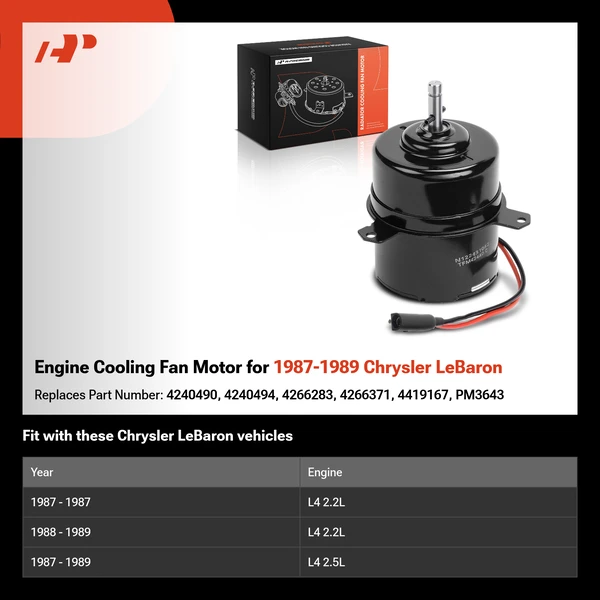 Engine Cooling Fan Motor for 1987-1989 Chrysler LeBaron