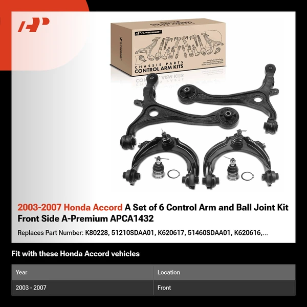 2003-2007 Honda Accord A Set of 6 Control Arm and Ball Joint Kit Front Side A-Premium APCA1432