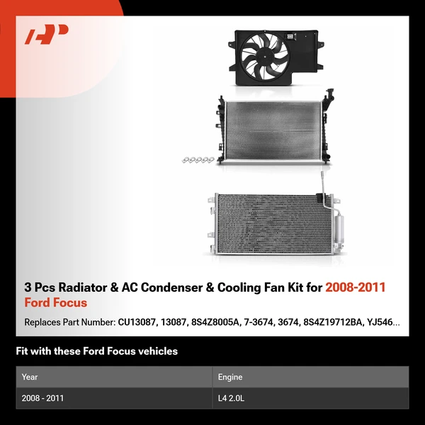 3 Pcs Radiator & AC Condenser & Cooling Fan Kit for 2008-2011 Ford Focus