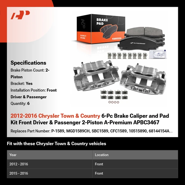 2012-2016 Chrysler Town & Country 6-Pc Brake Caliper and Pad Kit Front Driver & Passenger 2-Piston A-Premium APBC3467