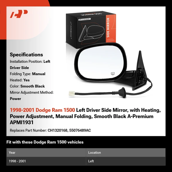 1998-2001 Dodge Ram 1500 Left Driver Side Mirror, with Heating, Power Adjustment, Manual Folding, Smooth Black A-Premium APMI1931