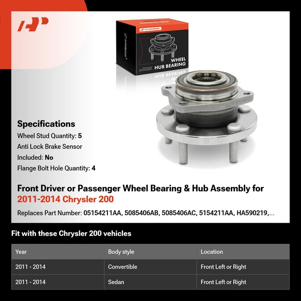 Front Driver or Passenger Wheel Bearing & Hub Assembly for 2011-2014 Chrysler 200