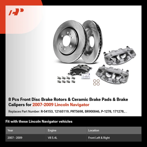 8 Pcs Front Disc Brake Rotors & Ceramic Brake Pads & Brake Calipers for 2007-2009 Lincoln Navigator