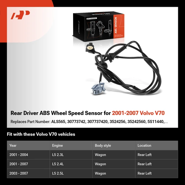 Rear Driver ABS Wheel Speed Sensor for 2001-2007 Volvo V70