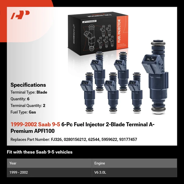 1999-2002 Saab 9-5 6-Pc Fuel Injector 2-Blade Terminal A-Premium APFI100