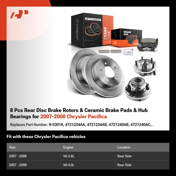 8 Pcs Rear Disc Brake Rotors & Ceramic Brake Pads & Hub Bearings for 2007-2008 Chrysler Pacifica