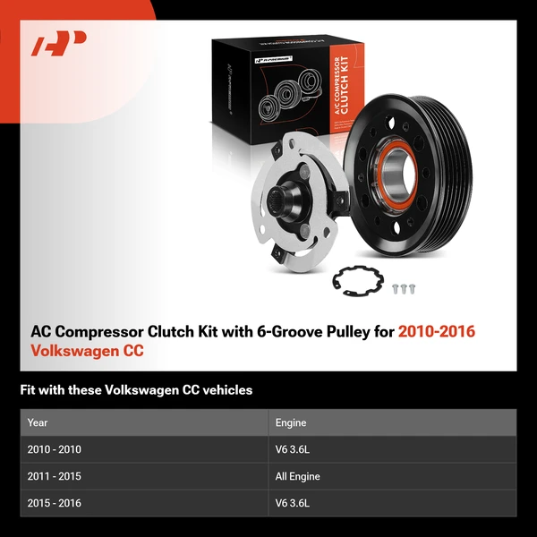 AC Compressor Clutch Kit with 6-Groove Pulley for 2010-2016 Volkswagen CC