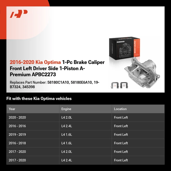 2016-2020 Kia Optima 1-Pc Brake Caliper Front Left Driver Side 1-Piston A-Premium APBC2273