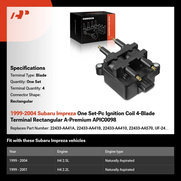 1999-2004 Subaru Impreza One Set-Pc Ignition Coil 4-Blade Terminal Rectangular A-Premium APIC0098