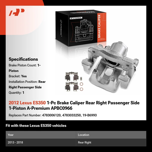 2012 Lexus ES350 1-Pc Brake Caliper Rear Right Passenger Side 1-Piston A-Premium APBC0966