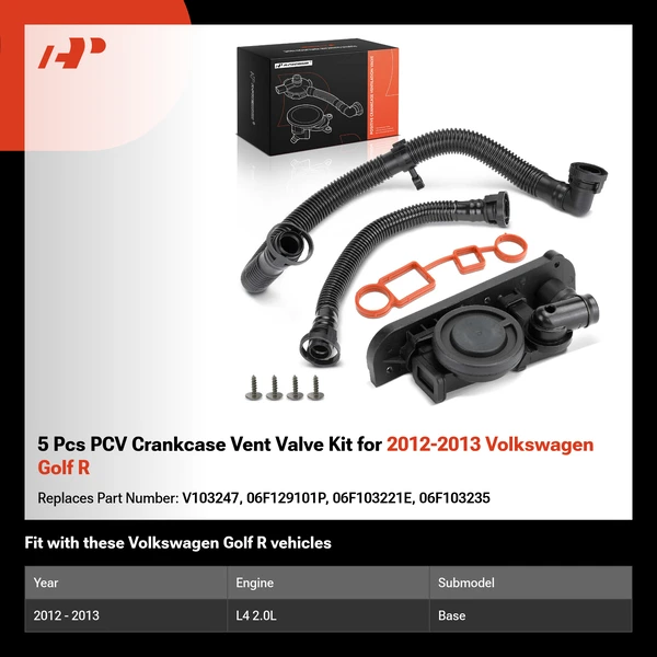 5 Pcs PCV Crankcase Vent Valve Kit for 2012-2013 Volkswagen Golf R