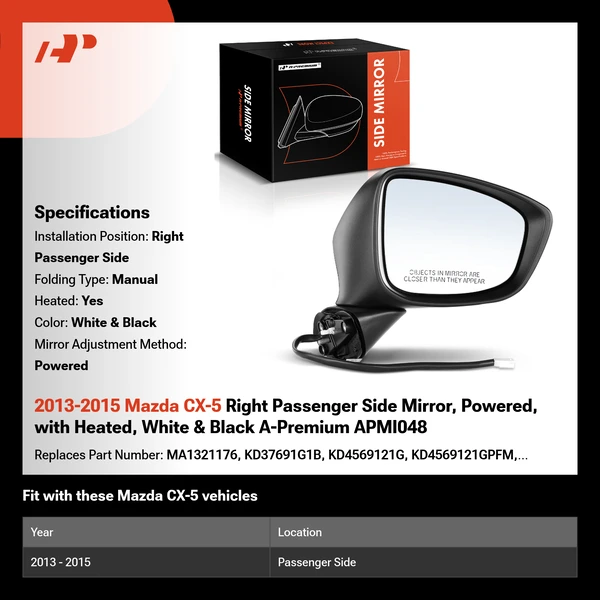 2013-2015 Mazda CX-5 Right Passenger Side Mirror, Powered, with Heated, White & Black A-Premium APMI048