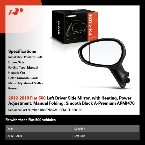 2012-2018 Fiat 500 Left Driver Side Mirror, with Heating, Power Adjustment, Manual Folding, Smooth Black A-Premium APMI478