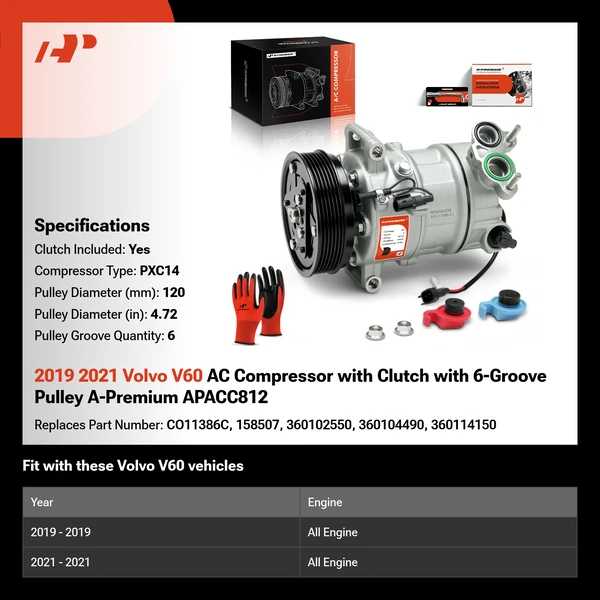 2019 2021 Volvo V60 AC Compressor with Clutch with 6-Groove Pulley A-Premium APACC812