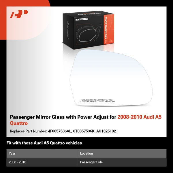 Passenger Mirror Glass with Power Adjust for 2008-2010 Audi A5 Quattro