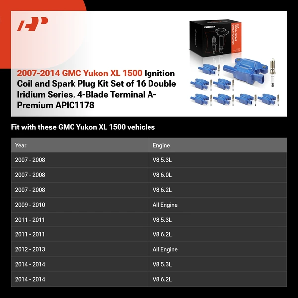 2007-2014 GMC Yukon XL 1500 Ignition Coil and Spark Plug Kit Set of 16 Double Iridium Series, 4-Blade Terminal A-Premium APIC1178