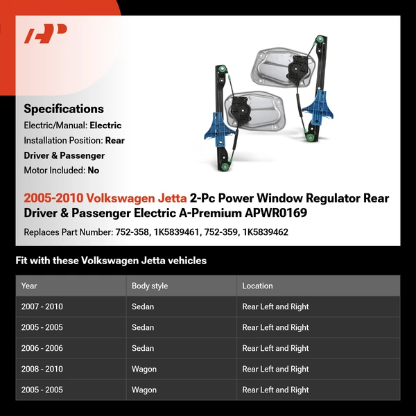 2005-2010 Volkswagen Jetta 2-Pc Power Window Regulator Rear Driver & Passenger Electric A-Premium APWR0169