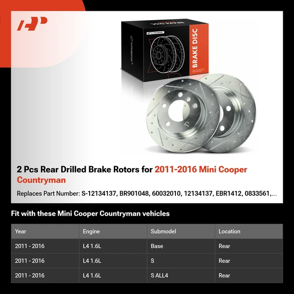 2 Pcs Rear Drilled Brake Rotors for 2011-2016 Mini Cooper Countryman