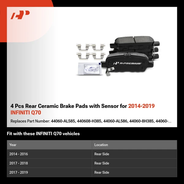 4 Pcs Rear Ceramic Brake Pads with Sensor for 2014-2019 INFINITI Q70