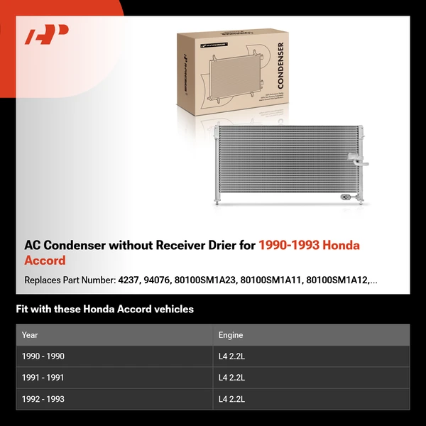 AC Condenser without Receiver Drier for 1990-1993 Honda Accord