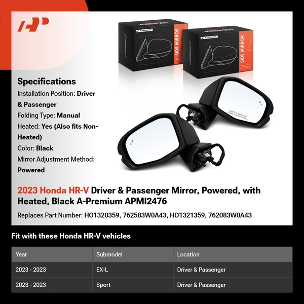 2023 Honda HR-V Driver & Passenger Mirror, Powered, with Heated, Black A-Premium APMI2476