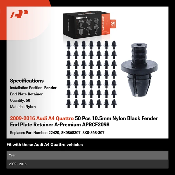 2009-2016 Audi A4 Quattro 50 Pcs 10.5mm Nylon Black Fender End Plate Retainer A-Premium APRCF2098