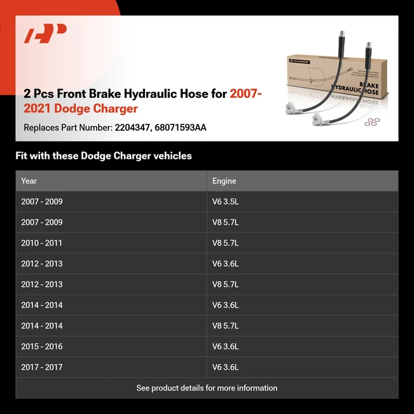 2 Pcs Front Brake Hydraulic Hose for 2007-2021 Dodge Charger