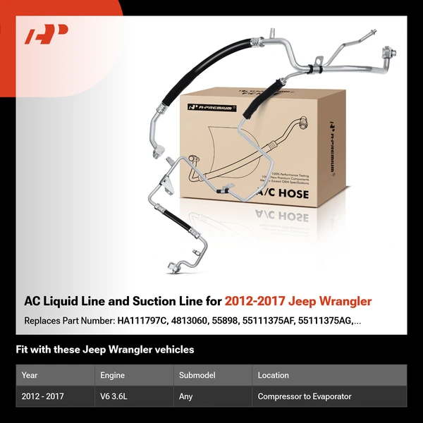AC Liquid Line and Suction Line for 2012-2017 Jeep Wrangler