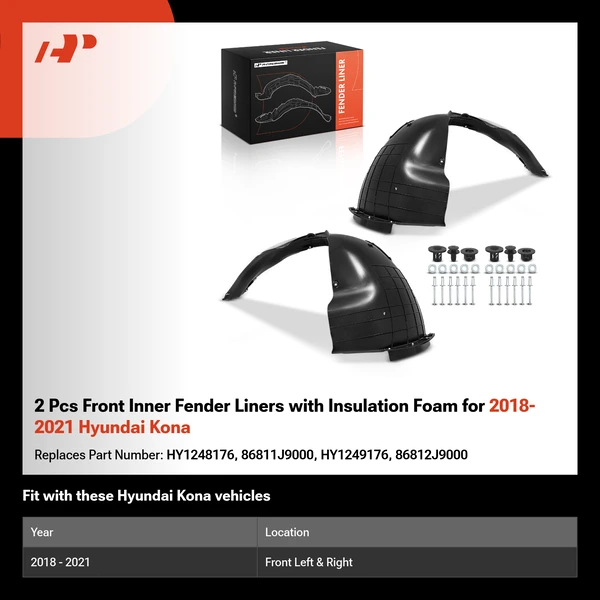 2 Pcs Front Inner Fender Liners with Insulation Foam for 2018-2021 Hyundai Kona