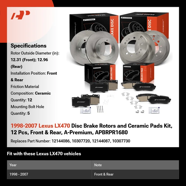 1998-2007 Lexus LX470 Disc Brake Rotors and Ceramic Pads Kit, 12 Pcs, Front & Rear, A-Premium, APBRPR1680
