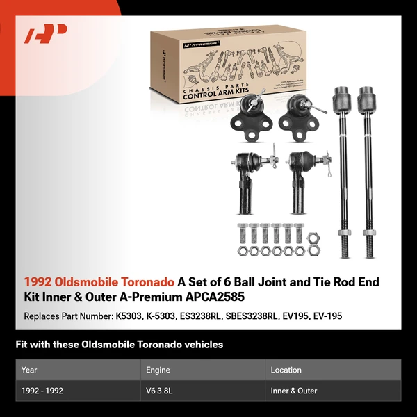 1992 Oldsmobile Toronado A Set of 6 Ball Joint and Tie Rod End Kit Inner & Outer A-Premium APCA2585