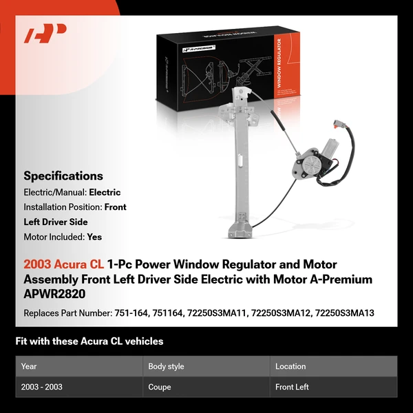 2003 Acura CL 1-Pc Power Window Regulator and Motor Assembly Front Left Driver Side Electric with Motor A-Premium APWR2820