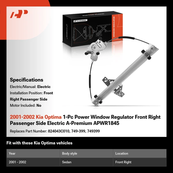2001-2002 Kia Optima 1-Pc Power Window Regulator Front Right Passenger Side Electric A-Premium APWR1845