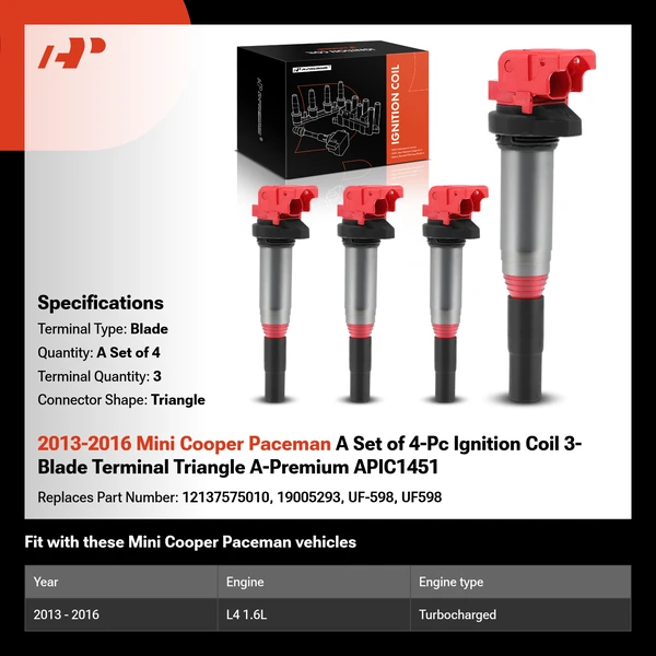 2013-2016 Mini Cooper Paceman A Set of 4-Pc Ignition Coil 3-Blade Terminal Triangle A-Premium APIC1451