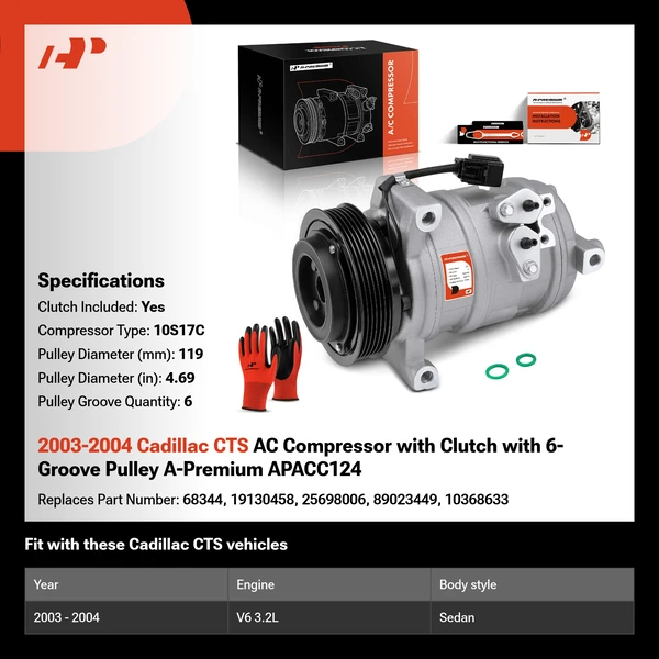 2003-2004 Cadillac CTS AC Compressor with Clutch with 6-Groove Pulley A-Premium APACC124