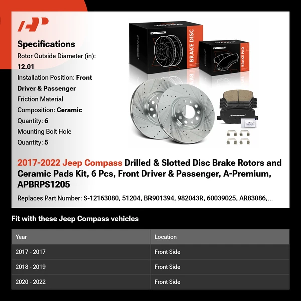 2017-2022 Jeep Compass Drilled & Slotted Disc Brake Rotors and Ceramic Pads Kit, 6 Pcs, Front Driver & Passenger, A-Premium, APBRPS1205