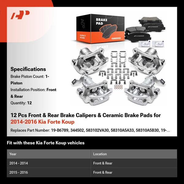 12 Pcs Front & Rear Brake Calipers & Ceramic Brake Pads for 2014-2016 Kia Forte Koup