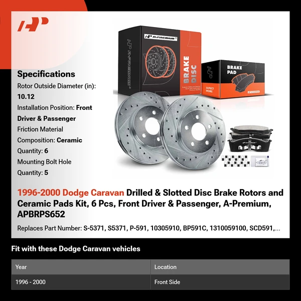 1996-2000 Dodge Caravan Drilled & Slotted Disc Brake Rotors and Ceramic Pads Kit, 6 Pcs, Front Driver & Passenger, A-Premium, APBRPS652