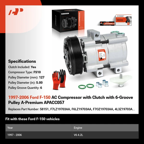 1997-2006 Ford F-150 AC Compressor with Clutch with 6-Groove Pulley A-Premium APACC057