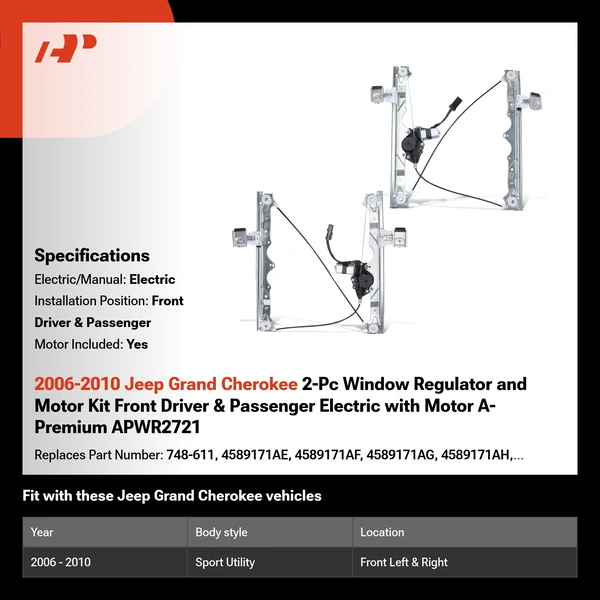 2006-2010 Jeep Grand Cherokee 2-Pc Window Regulator and Motor Kit Front Driver & Passenger Electric with Motor A-Premium APWR2721
