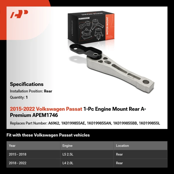 2015-2022 Volkswagen Passat 1-Pc Engine Mount Rear A-Premium APEM1746