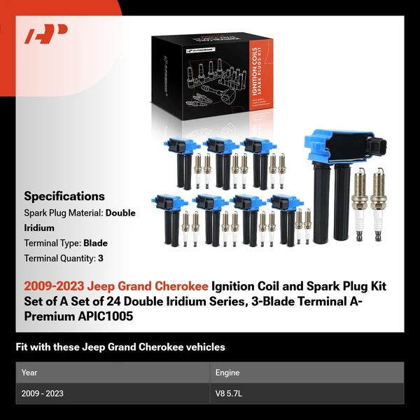 2009-2023 Jeep Grand Cherokee Ignition Coil and Spark Plug Kit Set of A Set of 24 Double Iridium Series, 3-Blade Terminal A-Premium APIC1005