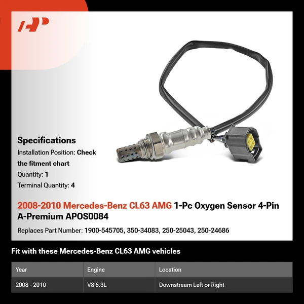 2008-2010 Mercedes-Benz CL63 AMG 1-Pc Oxygen Sensor 4-Pin A-Premium APOS0084