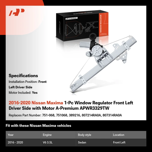 2016-2020 Nissan Maxima 1-Pc Window Regulator Front Left Driver Side with Motor A-Premium APWR3329TW