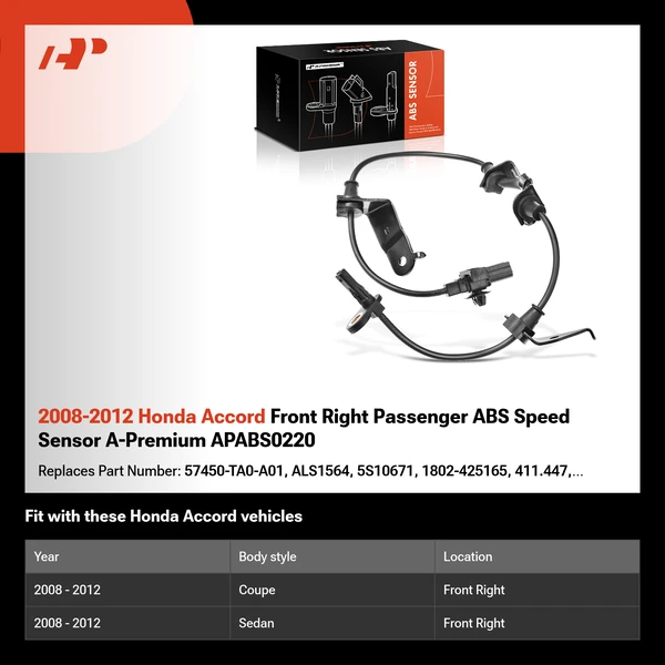 2008-2012 Honda Accord Front Right Passenger ABS Speed Sensor A-Premium APABS0220