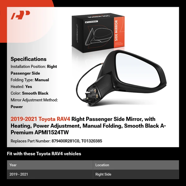 2019-2021 Toyota RAV4 Right Passenger Side Mirror, with Heating, Power Adjustment, Manual Folding, Smooth Black A-Premium APMI1524TW