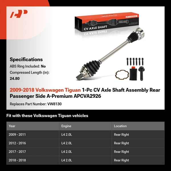 2009-2018 Volkswagen Tiguan 1-Pc CV Axle Shaft Assembly Rear Passenger Side A-Premium APCVA2926