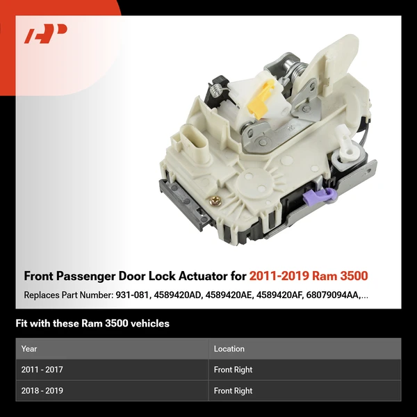 Front Passenger Door Lock Actuator for 2011-2019 Ram 3500