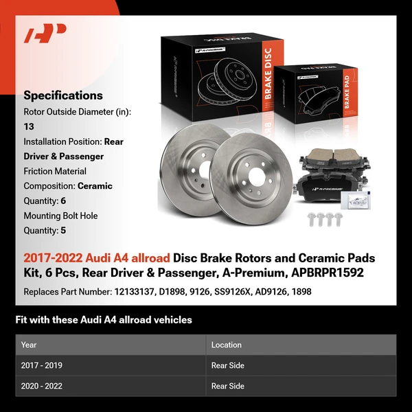 2017-2022 Audi A4 allroad Disc Brake Rotors and Ceramic Pads Kit, 6 Pcs, Rear Driver & Passenger, A-Premium, APBRPR1592