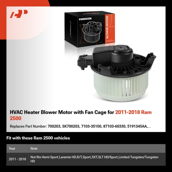 HVAC Heater Blower Motor with Fan Cage for 2011-2018 Ram 2500
